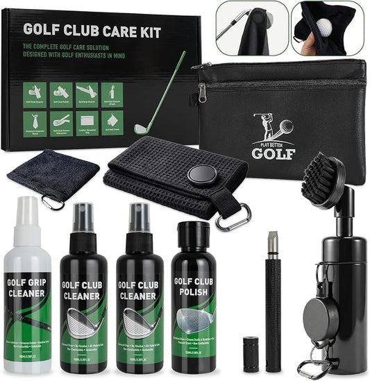 Golf Club Cleaning Kit, 8-in-1 Club Care Set with Cleaner, Brush, Groove Sharpener, Grip Cleaner, Polish, Magnetic Towel, Ball Towel & Portable Bag - Restores Shine, Removes Rust, Renews Grip