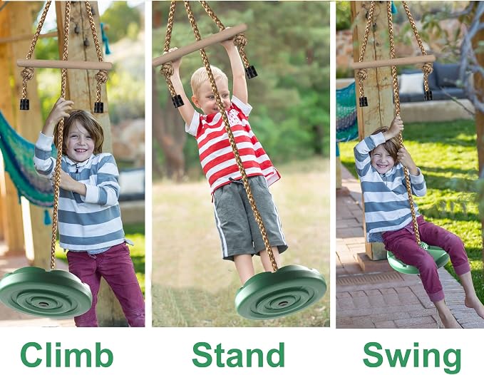 KINSPORY Disc Swing for Kids, Swing Set Accessories, 7FT Height Adjustable Gym Monkey Bars, Hanging Tree Seat for Backyard, Outdoor Play Equipment - Green
