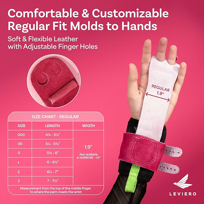 Gymnastics Grips Set, Grips for Gymnastics Girls, Dowel Grips with Soft Leather, Double Buckle Wrist Closure, and Adjustable Finger Holes, for All Ages