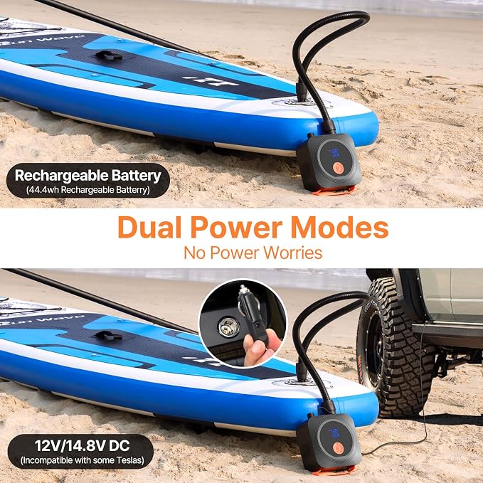 Electric Paddle Board Pump, 12000mAh Rechargeable SUP Pump 22PSI High Pressure with 12V DC Car Adapter, Dual-Stage Inflation&Deflation, Portable Air Pump with 7 Nozzles for SUP, Inflatable Kayak, Boat