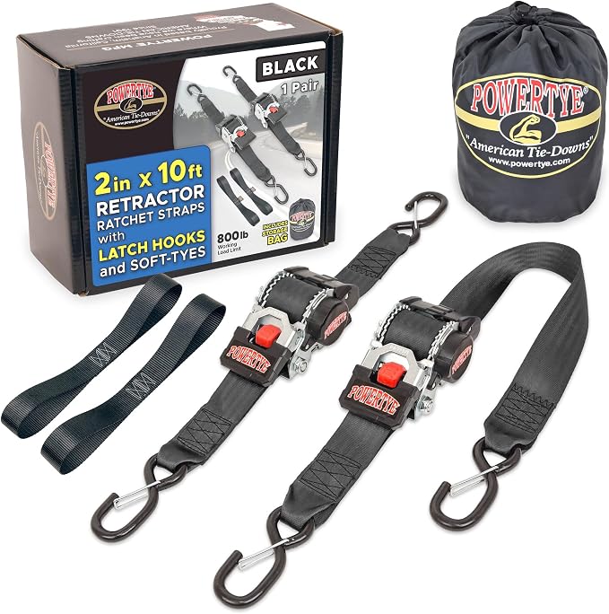 PowerTye - 2 inch x 10ft Long Retractable Ratchet Tie Down Strap with Latch-Hooks - Self-Retracting Ratchet, 800 lb W.L.L., Ideal for Motorcycle, ATV, Cargo, Includes Bag & Soft-Tyes, Black (Pair)