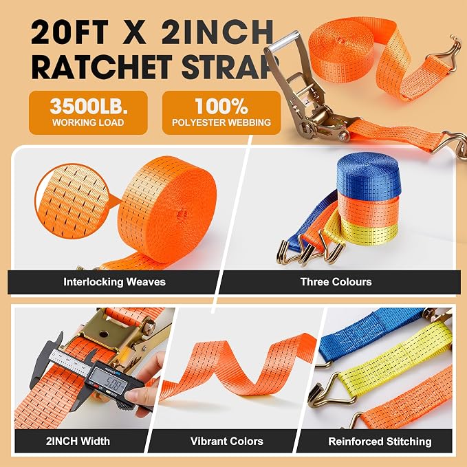 4Pack Ratchet Straps Heavy Duty-2 Inch x 20 Feet(7,500lb Break Strength), Tie-Down Ratcheting with J-Hook Cargo Straps Tiedown Ratchet for Moving and Transports with Trailers, Pickup, Flatbed Trucks