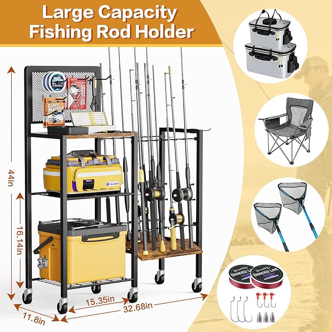 Olakee Fishing Rod Holders, Rolling Fishing Rod Rack for Garage & Boat, Tackle Box & Reel Holder Cart, Easy Assembly Fishing Gear Management System, Ideal Birthday Gift for Men Dad Anglers