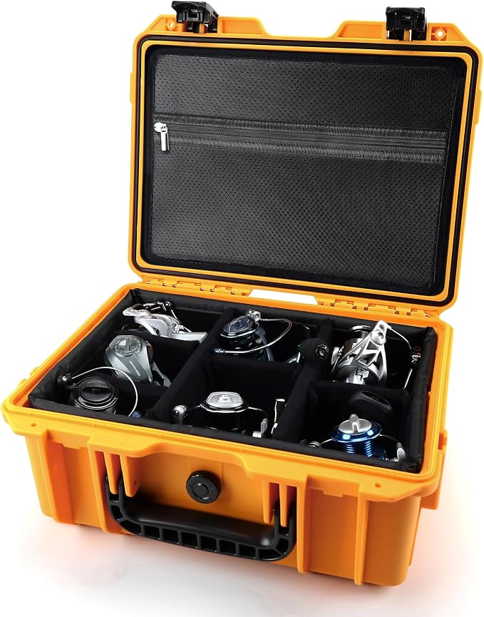 Fishing Reels Storage Case 15 Inches,Heavy Duty Waterproof Fishing Wheel Protective Hard Case, Tackle Collection Holder Box, 9pcs Adjustable Shockproof Dividers (Yellow with mesh bag)