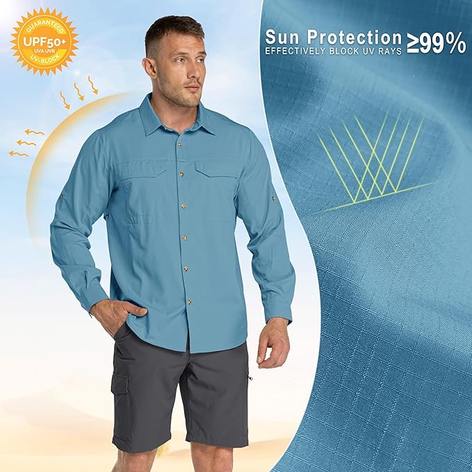 33,000ft Men's Long Sleeve Hiking Shirts Lightweight Quick Dry Sun Protection UV UPF 50 Fishing Shirt Outdoor Safari Travel