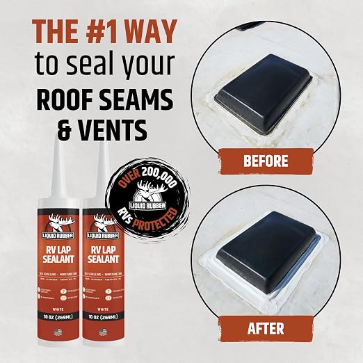 Liquid Rubber RV Lap Sealant, Self-Leveling Roof Sealant for RV Vents, Skylights, AC Units & Roof Seams, Waterproof, White, 4 Pack