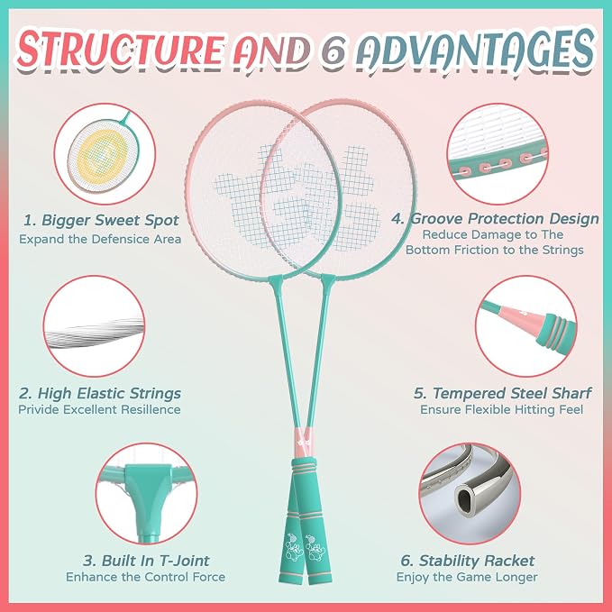 Badminton Rackets Set of 4 for Outdoor Backyard Games,Including 4 Rackets, 6 Nylon Shuttlecocks, 4 Replacement Grip Tapes and 1 Carrying Bag, Lightweight Badminton Racquets for Kids Adults Beginners