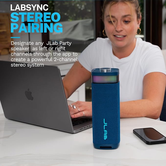 JLab, JBuds Party, Portable Bluetooth Speaker, Waterproof, RGB Lighting, Multi-Speaker Connect, Navy
