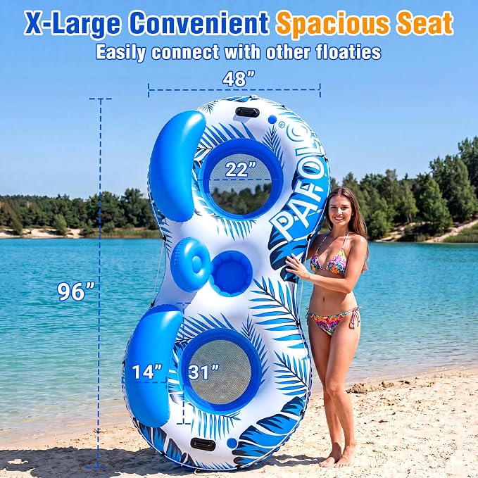 Pool Float Adult,2-Person Large Inflatable River Float, XL River Tubes for Floating Heavy Duty with Mesh Bottom, Comfortable Backrest & 2 Cup Holders & Durable Grab Handles,600 lbs Weight Capacity