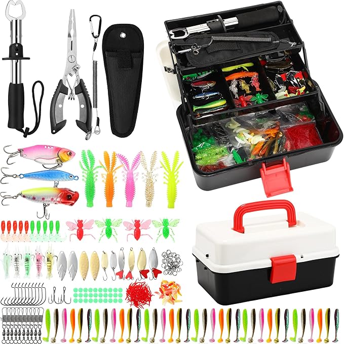 RoundFunny 3 Layers Fishing Tackle Box 414 Pcs Fishing Gift Lures Gear Kit with Tackle Included Pliers Lip Gripper Bait Hook Accessories for Beginner Fisherman Women Men, Fit Bass Trout