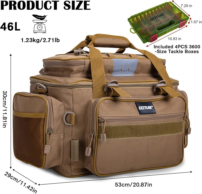 Goture Fishing Tackle Bag with 4PCS 3600 Tackle Boxes | 600D Water-Resistant, Rod Straps, Detachable Bottle Pouch,Waterproof Bottom, Freshwater & Saltwater Gear Storage Fishing Bag