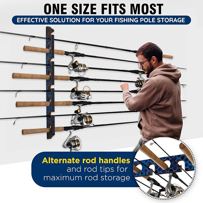 Rush Creek Creations Ceiling Rod Holder for 8 Fishing Poles - Garage Organization and Wall Storage for Reels, Gear, and Accessories - Horizontal Rack
