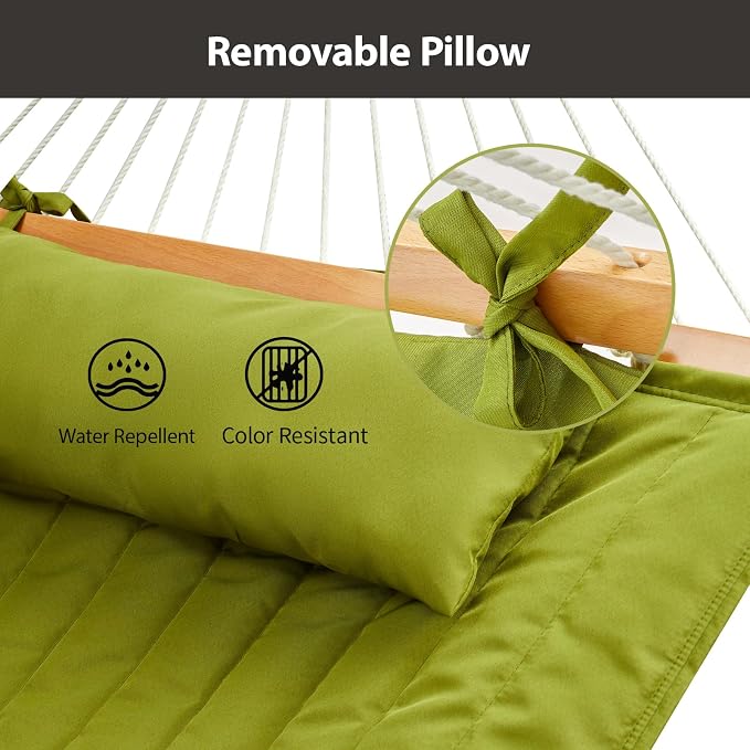 CHULIM Outdoor Double Hammock with Hardwood Spreader Bars, Large Rope Hammock with Polyester Pad and Pillow, 475 LBS Capacity for 2 Person Patio Backyard Poolside - Green