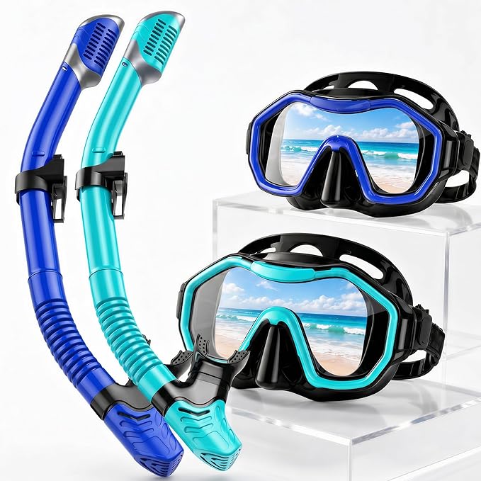 Snorkeling Gear for Adults Kids, Dry-Top Snorkel Set, 180°Panoramic Wide View Diving Mask Breathing Freely Snorkel Mask for Snorkeling Scuba Diving Swimming Travel