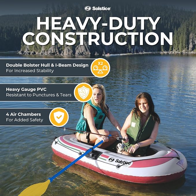 SOLSTICE Inflatable Boat for Lakes, Rivers & Beaches – Heavy-Duty Raft with Swivel Oar Locks & Grab Line – Voyager, Full Kit Includes Oars & Pump, 2-Person, White, 6'