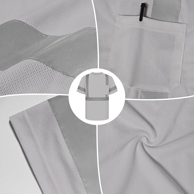 TCCFCCT Construction Shirts Class 2 High Visibility Shirts for Men, Hi Vis Reflective Safety Shirts for Men Women, Work Shirts with Short Sleeves, Durable & Breathable, DC-Light Gray 5XL