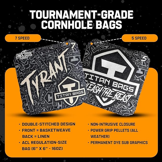 Titan Bags Tyrant Cornhole Bags – Regulation Cornhole Bean Bag with Linen Grip for Strategic Drag Shots, All-Weather Power Grip Pellets for Indoor and Outdoor Tossing