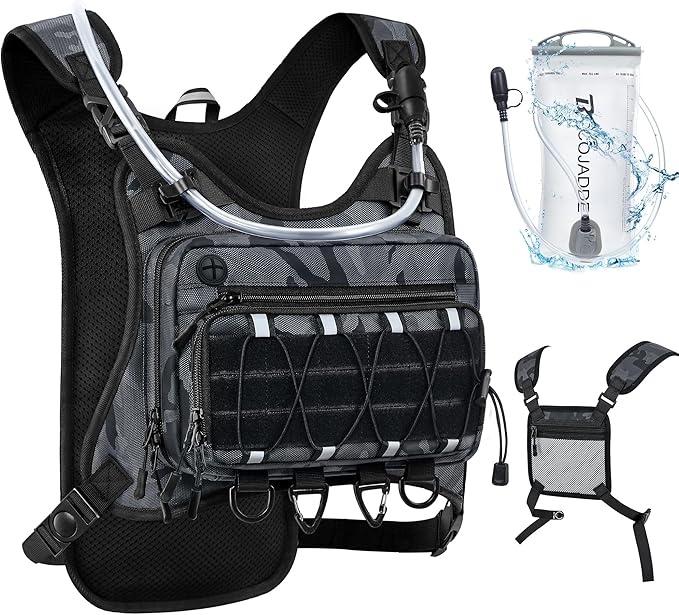 BECOJADDE Running Vest for Men with 2L Water Bladder Tactical Hydration Backpack Adjustable Lightweight Chest Pack for Marathon Hunting Cycling