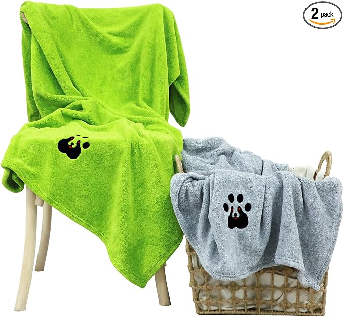 Dogvingpk Extra Large Dog Towel 2 Pack, Super Absorbent Soft Quick Drying Microfiber Pet Bath Towels for Large & Medium Dogs (XL-55" * 36", Green and Grey)