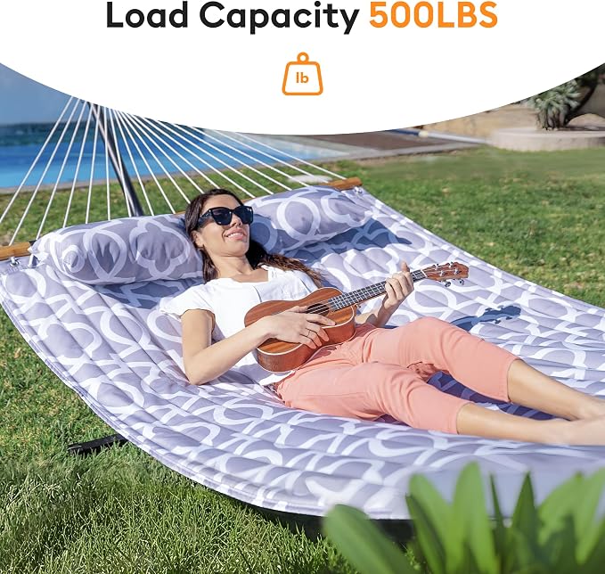 Everyfun Double Hammock with Spreader Bar,Soft Pillow,Max Load 500lbs,Portable Hammock for Outdoor,Camping,and Backyard,White Gray