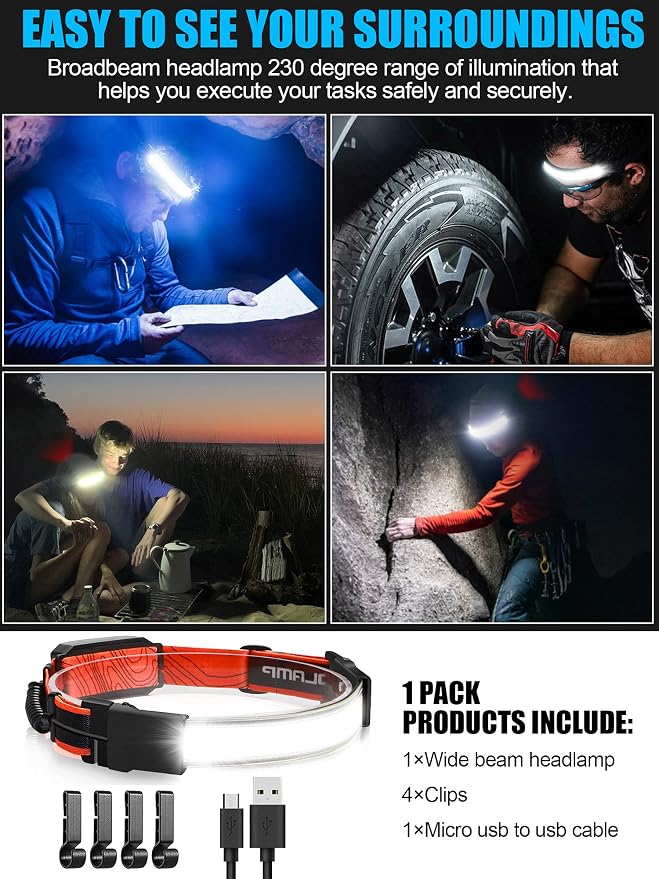 LED Headlamp Flashlight 8Packs, 1000L 230° Broadbeam Headlight, USB Rechargeable Head Lamp with Red Taillight, Lightweight Waterproof Headlamps for Camping Running Hiking, Hard Hat Headlamp