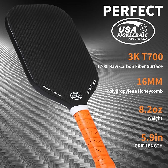 ZOEA Pickleball Paddle, Edgeless 3K T700 Carbon Fiber, CFS + CAS Dual Surface, High Grit & Spin, 16MM Honeycomb Core, USAPA Approved, 8.2oz for Men Women