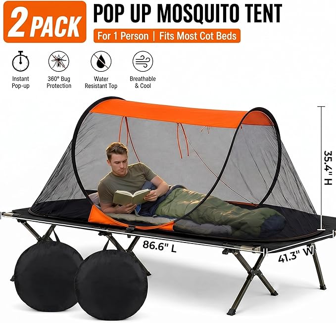 2 Pack Pop up Mosquito Tent for Camping 1 Person Instant Setup Foldable Bug Net Cot Tent with Ground Pin Portable Waterproof Screen Net for Cot Bed Hiking Summer Beach Outdoor