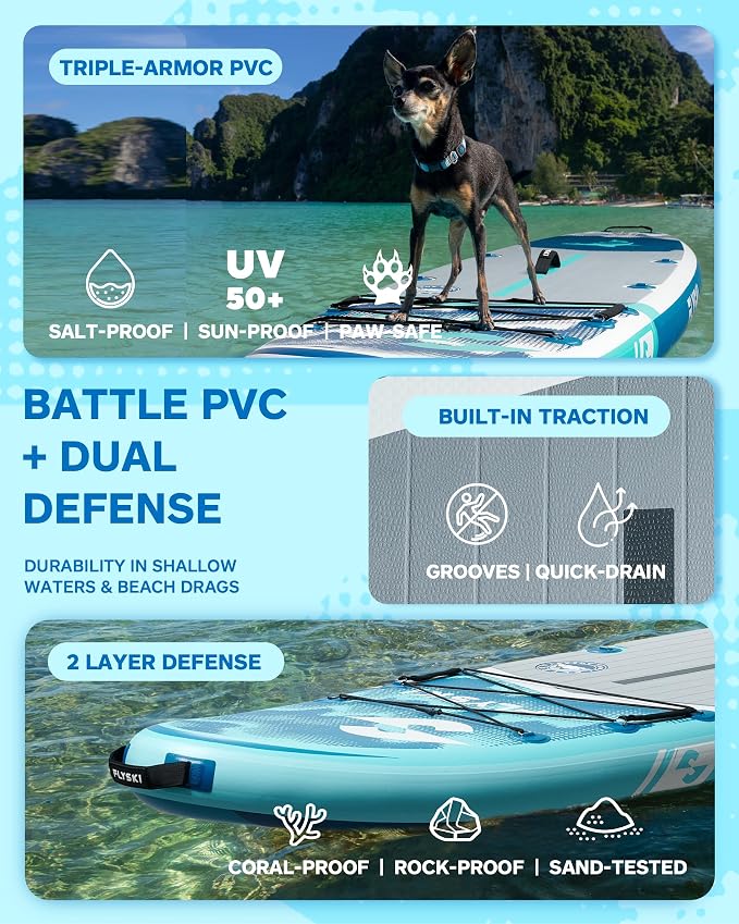 Flyski 11'x34 Ultra Wide Paddle Board, Inflatable Paddle Board&420lb Capacity for All Skill, Inflatable Paddle Board for Adults, Yoga/Family/Fishing Paddle Board, Anti-Slip Deck, US Fin, Pump,100L Bag