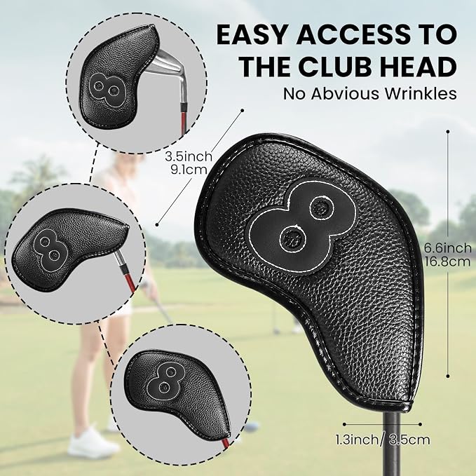Strong Magnetic Golf Iron & Wedge Headcovers Value 10 Pack, Black Durable PU Leather with Embroidered Numbers for Easy Identify, Premium Covers with Effective Protection for Club
