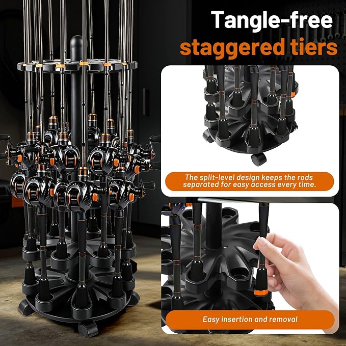Rotating Fishing Rod Holder, Floor Rack Holds Up to 16 Rods & Combos, Space-Saving Fishing Pole Holders with Foam, Rod Holders for Garage Storage, Fishing Gifts, Birthday Gifts for Fishermen