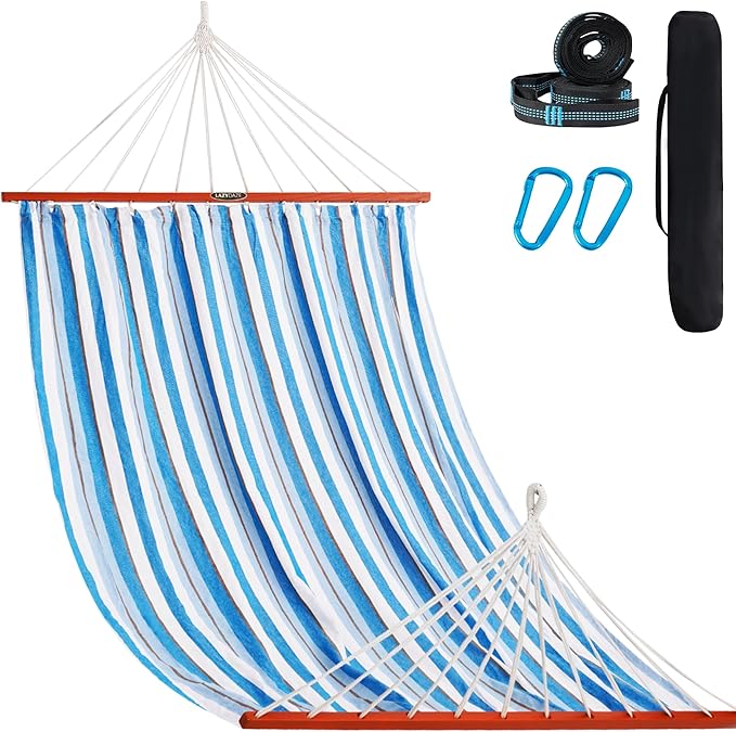 Lazy Daze Hammocks Cotton Fabric Double Hammock with 55" Spreader Bar, Portable Camping Hammock with Carrying Bag & Tree Straps for Patio, Backyard, Balcony, 450lbs Capacity, Blue & White