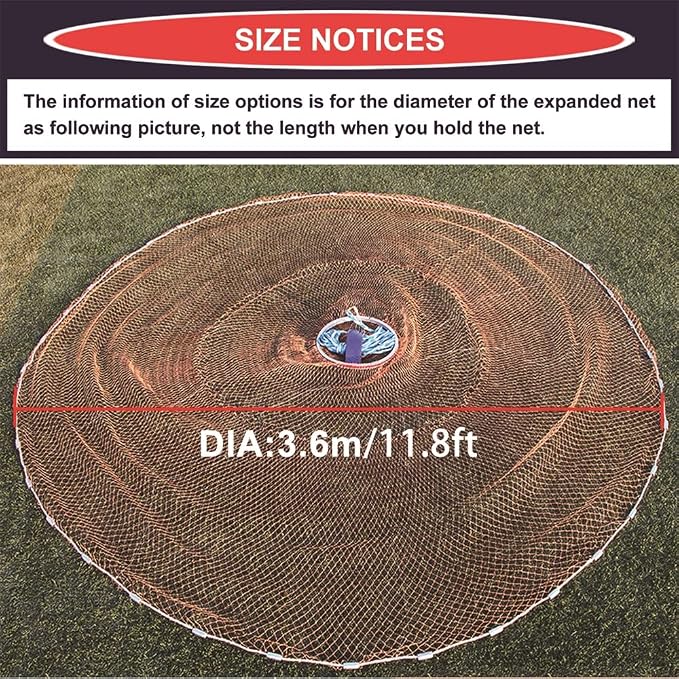 Cast Fishing Net with Aluminum Frame, 0.8 inch Mesh, 7.8-13.8 ft Diameter