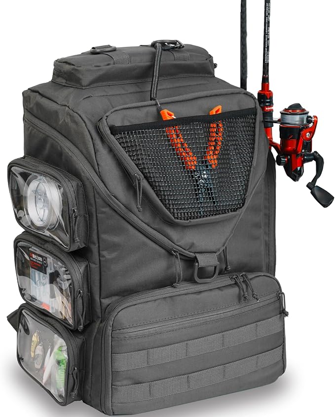 kokkoya 40L Fishing Backpack Tackle Box Back Pack Tacklebox for Men Dad with 2 Rod Holders Two Tier Storage 3 Clear Pockets Kayak Fishing
