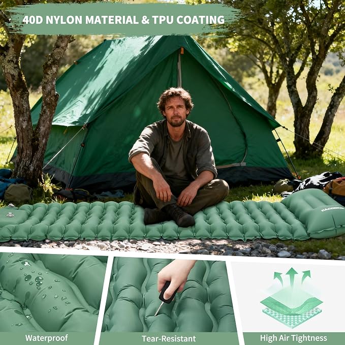 Camping Sleeping Pad, Connectable Design for Double Mat, Ultralight Inflatable Sleeping Mat with Pillow, Built-in Foot Pump, Portable Camping Air Mattress for Backpacking Hiking Tent (Green)