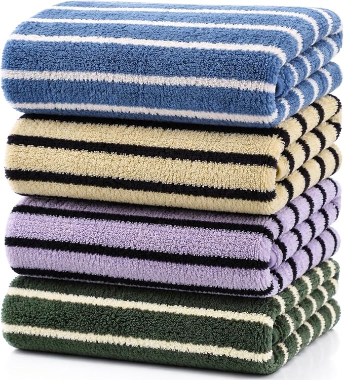Mindsoft 4 Pcs Microfiber Stripe Bath Towels 27'' x 55'' Soft Highly Absorbent Shower Towels with Hang Loop Large Colorful Light Weight Bathroom Towel Sheet for Beach Travel Spa Gym Camp(Dark)