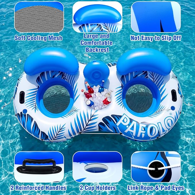 Pool Float Adult,2-Person Large Inflatable River Float, XL River Tubes for Floating Heavy Duty with Mesh Bottom, Comfortable Backrest & 2 Cup Holders & Durable Grab Handles,600 lbs Weight Capacity