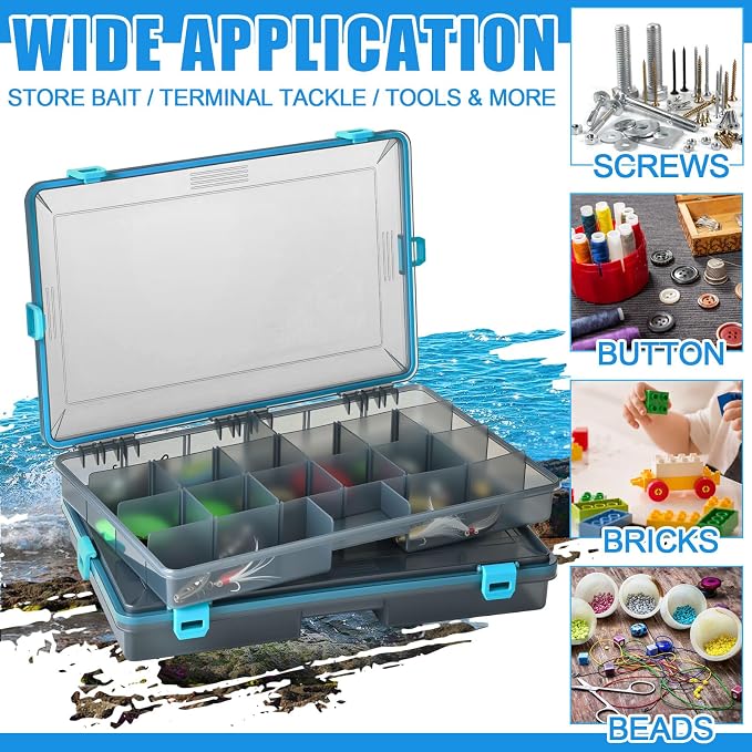 Wonderjune 6 Pack Fishing Tackle Boxes Waterproof 3600 and 3700 Tackle Trays with Removable Dividers Plastic Storage Organizer Bait Vault Camouflage Box for Freshwater Saltwater (Blue,3700)