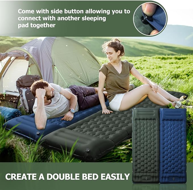 Toncoke Sleeping Pad, 4.7" Extra-Thick & Ultralight Inflatable Camping Mat with Pillow, Built-in Foot Pump, Compact for Backpacking, Camping, Hiking, Travel —Military Green