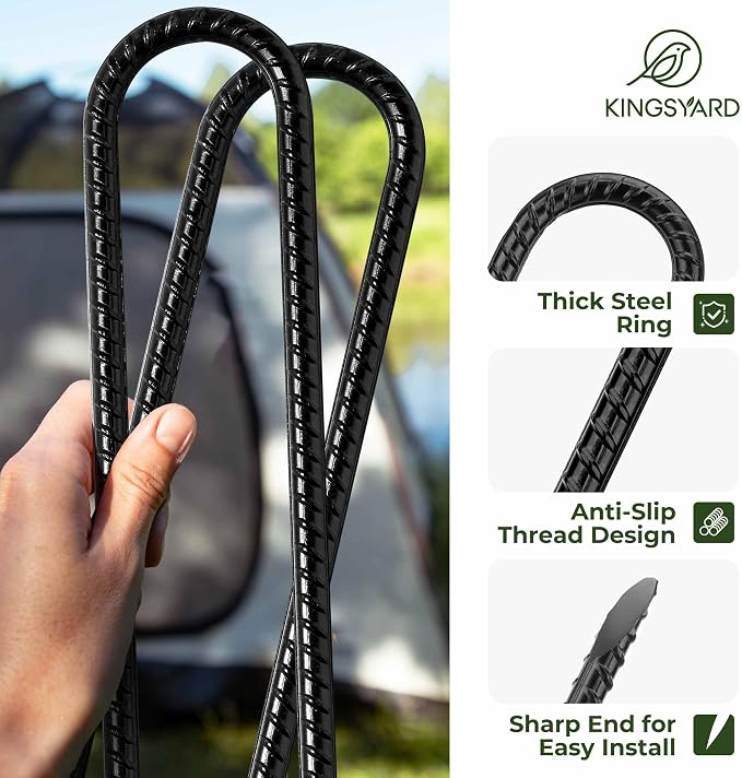 Kingsyard 16 Pack Trampolines Wind Stakes-12 Inch Long, 0.4 Inch Diameter Galvanized Steel U Hook Rebar Stakes, Multi-Purpose Heavy Duty Ground Anchors for Tent, Fences, Swing, Landscape, Black
