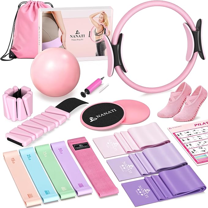 NANATI Pilates Kit, Home Pilates Workout Kit for Women, Pilates Equipment with 14.5" Pilates Ring and Ball, Resistance Bands, Ankle Weights, Sliders & Grip Socks for Home Workouts
