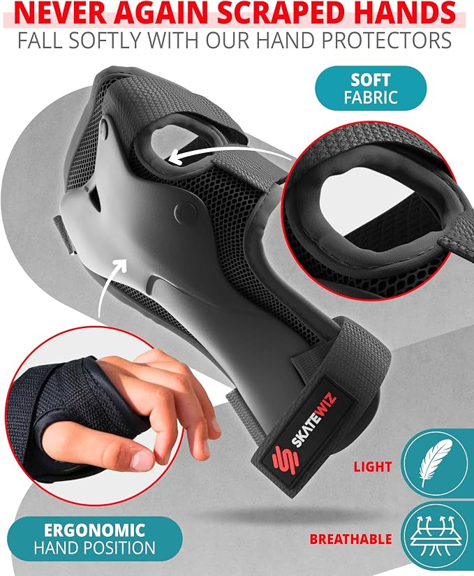 SKATEWIZ Skateboard Pads Protective Gear Set for Kids and Adults - Smash - Roller Skate Pads [6pc] with Wrist Guards - Skating Protective Gear - Roller Derby