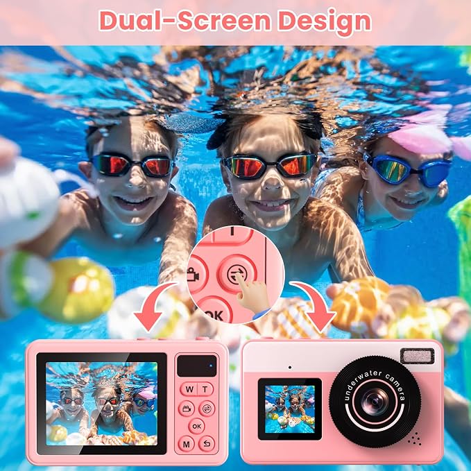 4K Underwater Digital Camera for Kids: 10FT Waterproof Camera - 48MP Floating Camera for Snorkeling - Surfing - Swimming - Dual-Screen Selfie - Autofocus - 18X Zoom - 32GB TF-Card - Pink - 2026 New