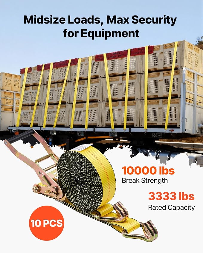 VEVOR Ratchet Straps, 2 in x 30 ft, Heavy Duty Tie Down Straps with Double J Hook, 10,000 lbs Break Strength, Tie Down Ratcheting for Moving, Trailers, Motorcycles, Kayaks, Car Roof, 10 Pack