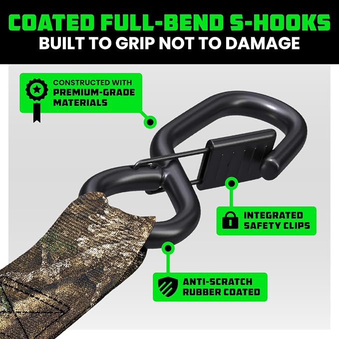 Rhino USA x Realtree Ratchet Straps Tie Downs (4PK) - 1" x15' (1,823lb Break Strength) - Ultimate Tie Down Straps with Safety S Hooks - for Trucks, Cargo, Moving, Appliances- Realtree APX Camo
