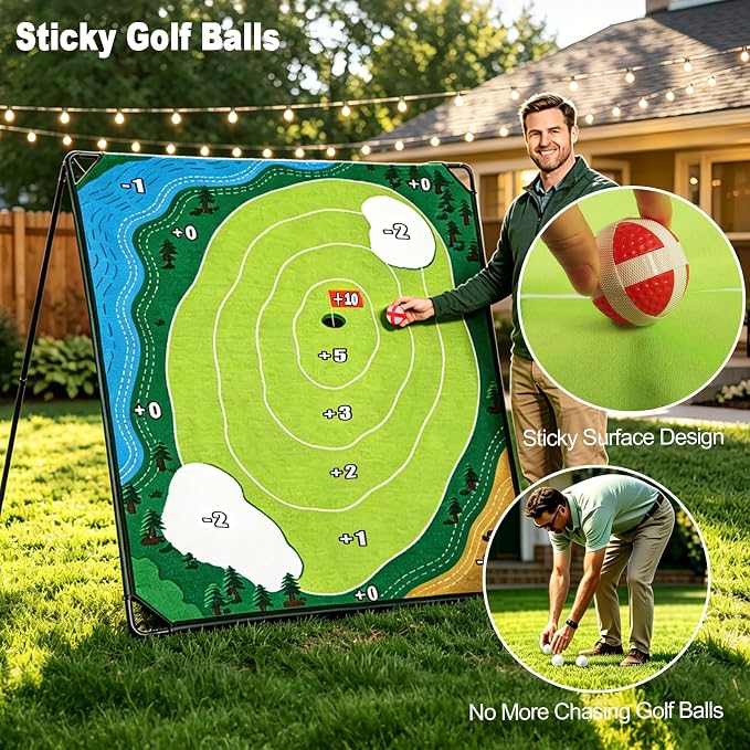 HOTWIND Golf Chipping Game Mat 71" x 71" 2-Sided Hook & Loop Sticky Golf Practice Pad with Stand Portable Indoor Outdoor Backyard Camping Golf Game Accessories for Family Adults (Club Not Included)