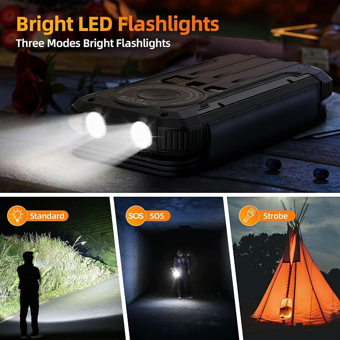 Solar Charger Power Bank Built-in 3 Cables and 4 Solar Panels, Portable Wireless Charger 10,000mAh, External Battery Pack with USB-C in/Output & Flashlight for Outdoor Camping