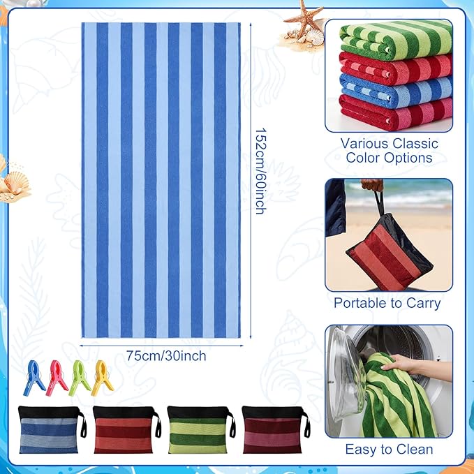 Gilprop 4 Packs Oversized Stripe Beach Towels Microfiber Pool Towel with Bags & Clips Soft Absorbent Quick Dry Camping Towels for Women Men Travel Families Swim (60×30 in,Multicolor)