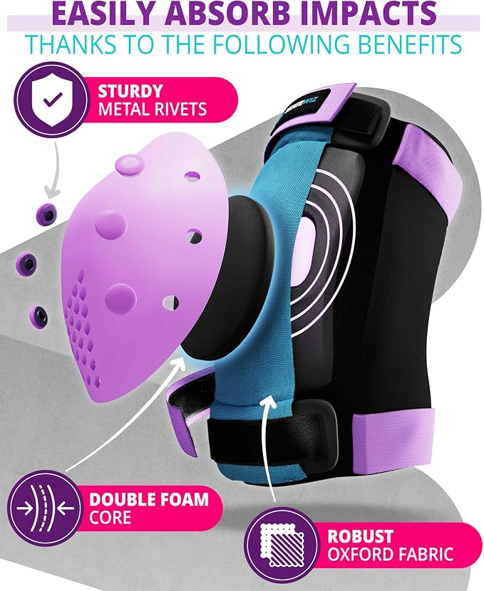 SKATEWIZ Skateboard Pads Protective Gear Set for Kids and Adults - Smash - Roller Skate Pads [6pc] with Wrist Guards - Skating Protective Gear - Roller Derby