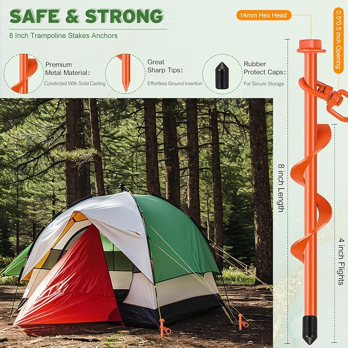 Hiboom 4 Pcs Ground Anchors with T Handle Hex Wrench Trampoline Hook, Ground Anchor Screw in Kit, Inflatable Outdoor Decorations Accessories for Camping Tents Car Ports Canopies (Orange,8 Inch)