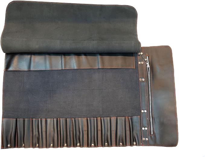 EVERPRIDE Black Leather with Gorgeous Red Trim, Professional Chef Knife Roll and Bag for Knives. Premium Leather Bag, Sturdy Construction, Luxury Collection.
